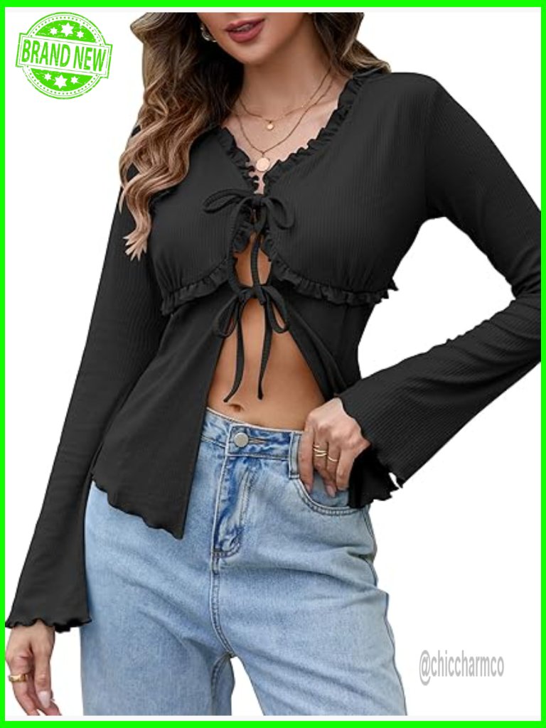 Bell Sleeve Ruffle Tie Front V Neck Ribbed Long Sleeve Top